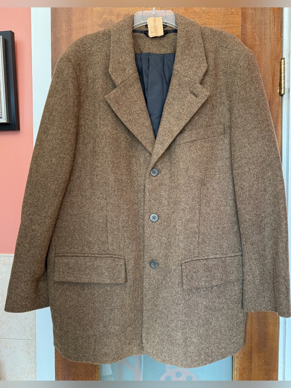 LL Bean Vtg Brown LINED Herringbone Tweed Blazer Jacket 100 Wool Sport Coat 40 T
